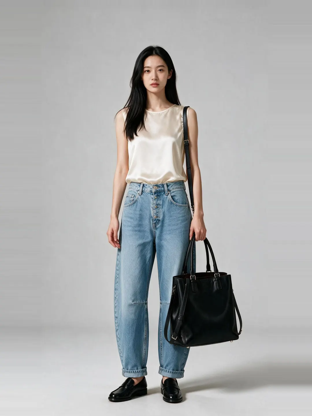 The sample shopper wearing an ivory poplin shirt, camel wide-leg trousers, white court sneakers and a tan tote, rendered together in one image.