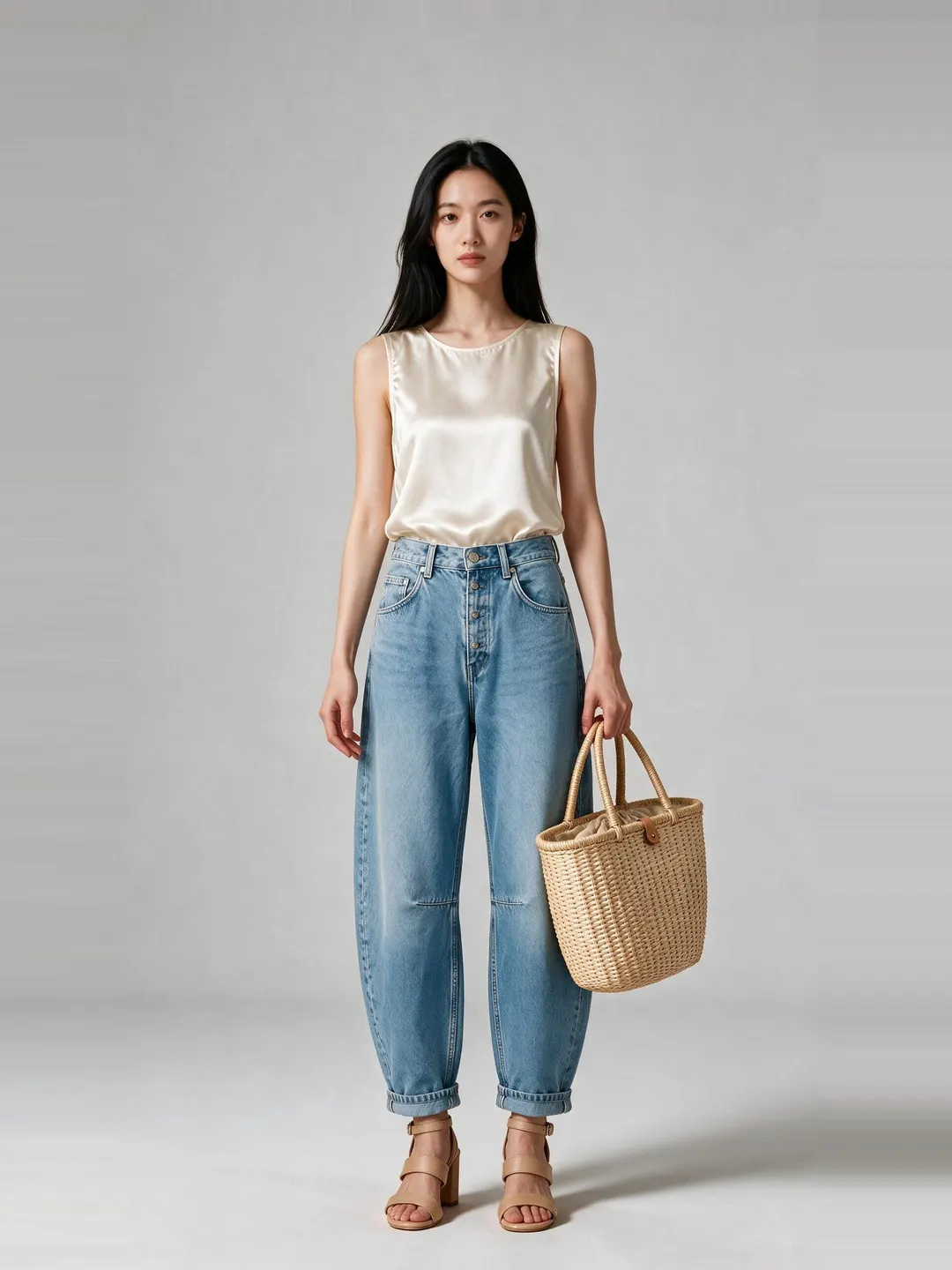 The sample shopper in an ivory poplin shirt and camel wide-leg trousers with black slingback heels and a black chain shoulder bag, rendered as one look.