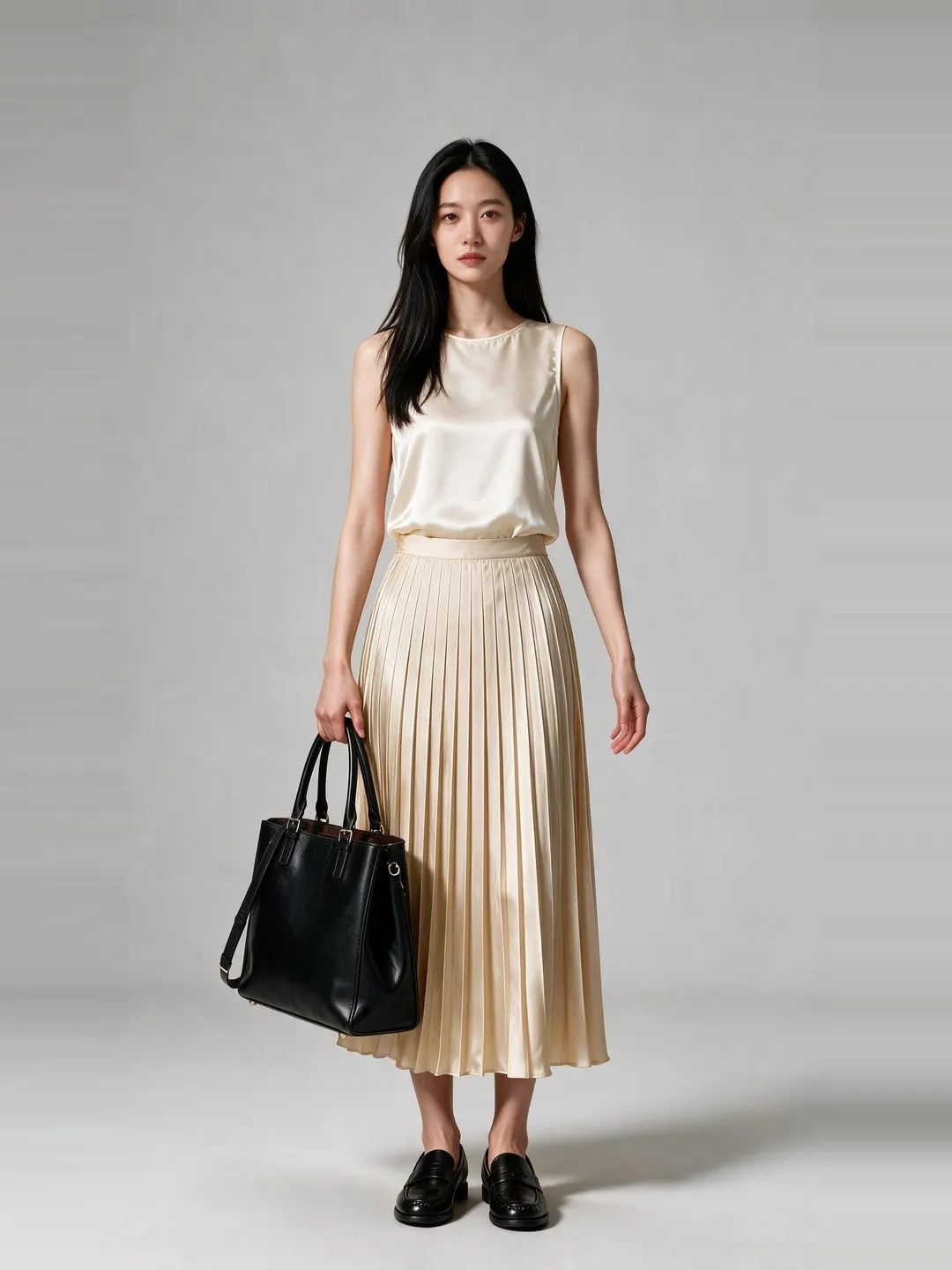The sample shopper in an ivory poplin shirt and an ultramarine satin midi skirt.