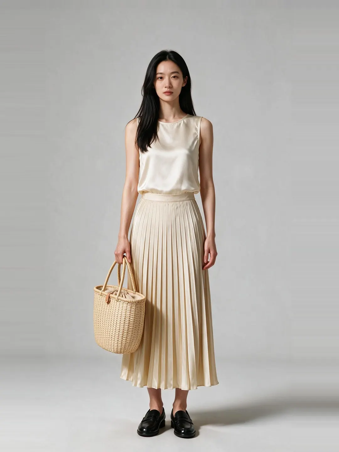 The same shopper in an ivory poplin shirt, an ultramarine satin midi skirt, white court sneakers and a black chain shoulder bag.