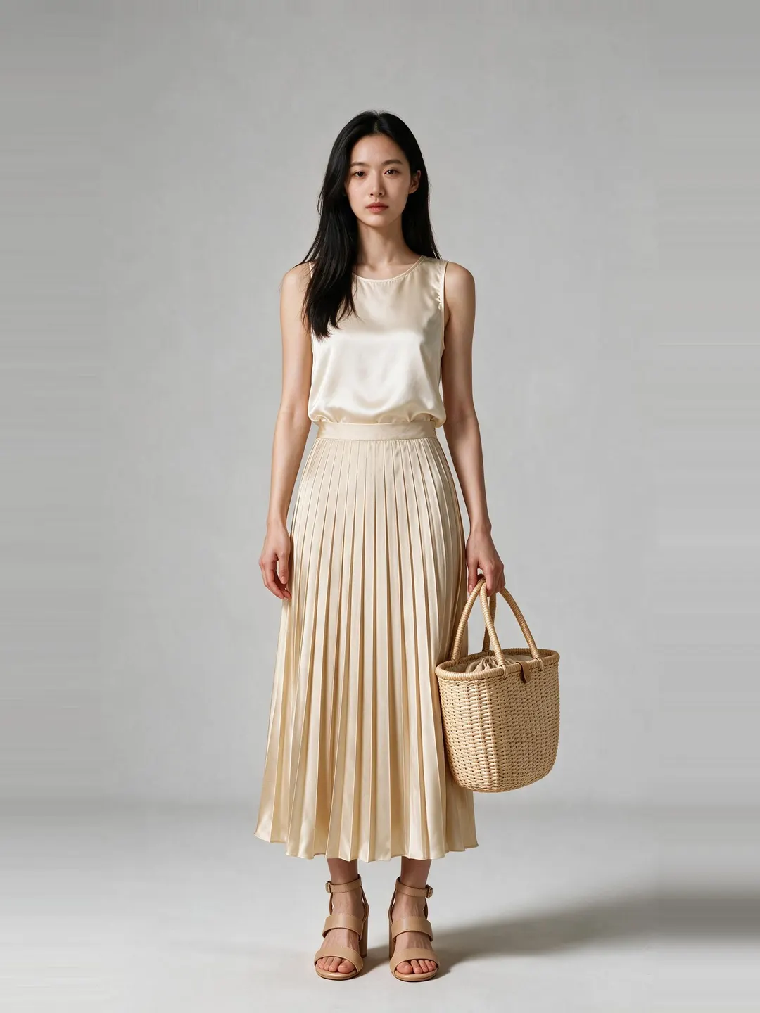 The sample shopper in an ivory poplin shirt, ultramarine satin midi skirt, black slingback heels and a black chain shoulder bag.