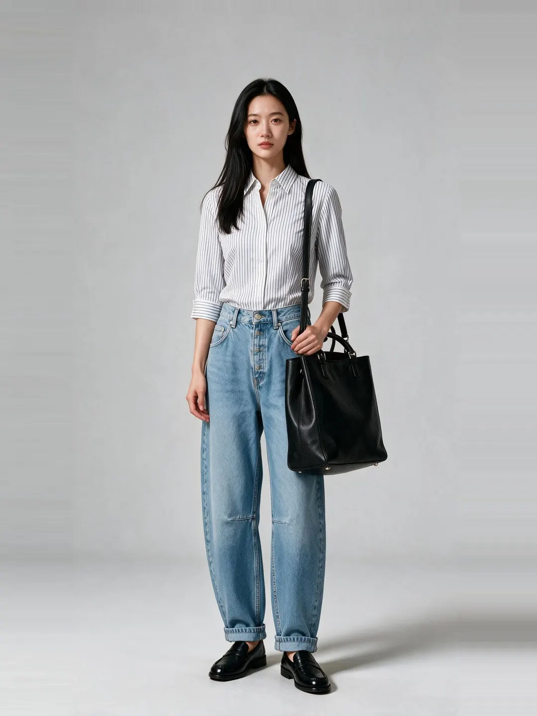 Black merino turtleneck, camel wide-leg trousers, white court sneakers and a tan tote.