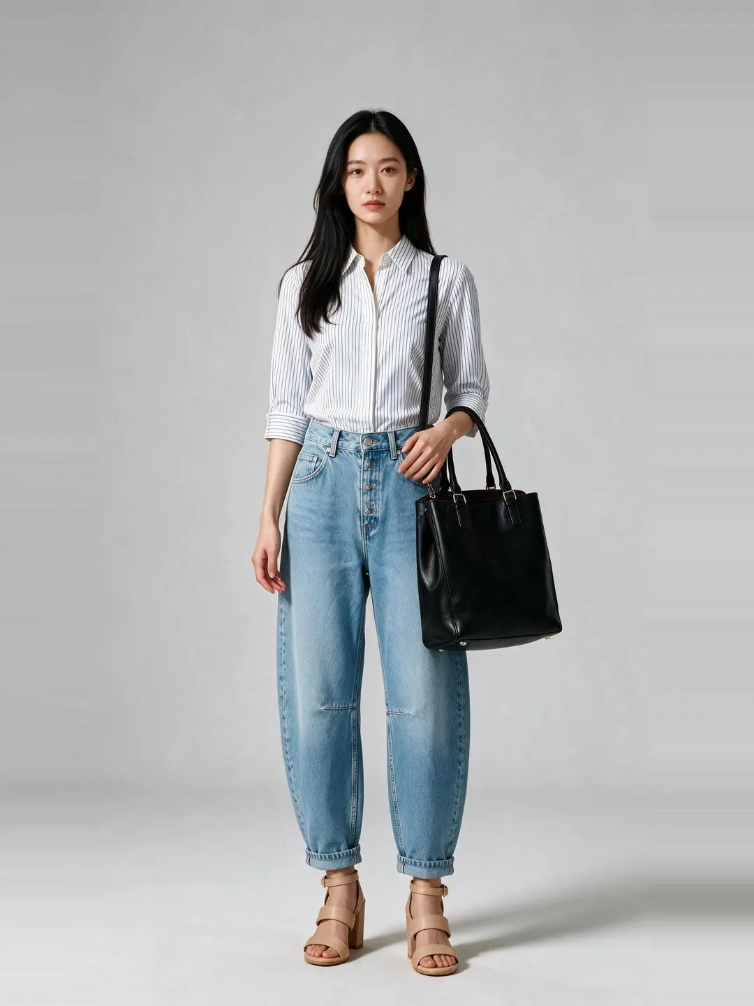 The same shopper in a black merino turtleneck, camel wide-leg trousers, black slingback heels and a tan tote.
