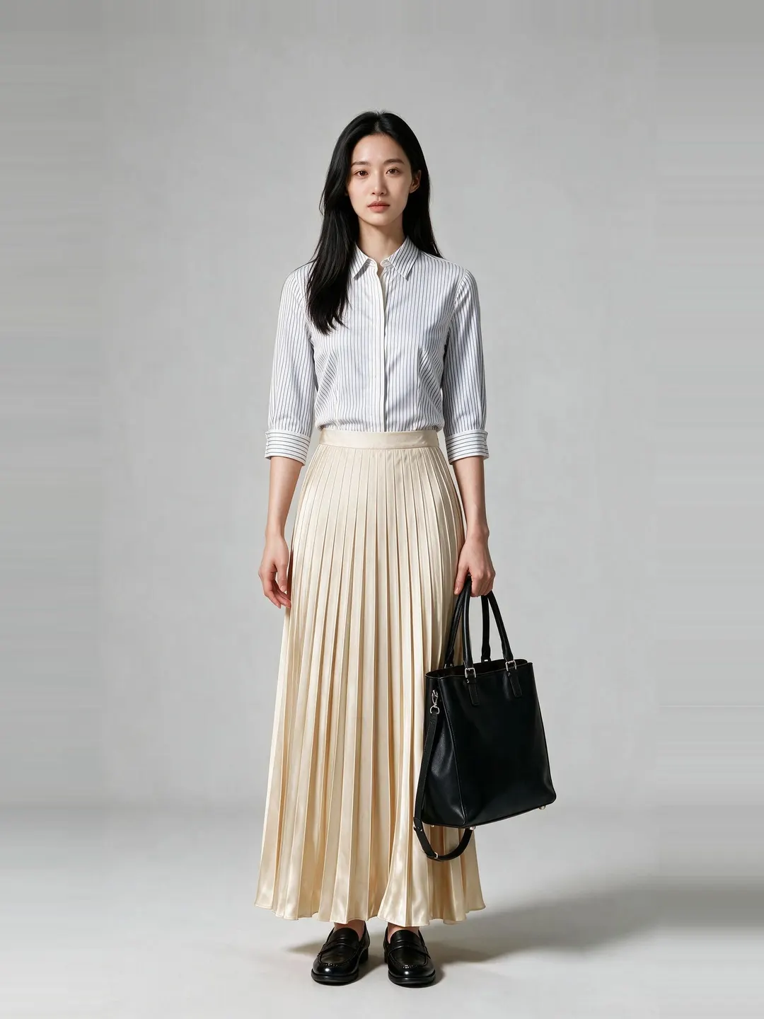 The sample shopper wearing a black merino turtleneck, an ultramarine satin midi skirt, white court sneakers and a tan tote, rendered as one look.