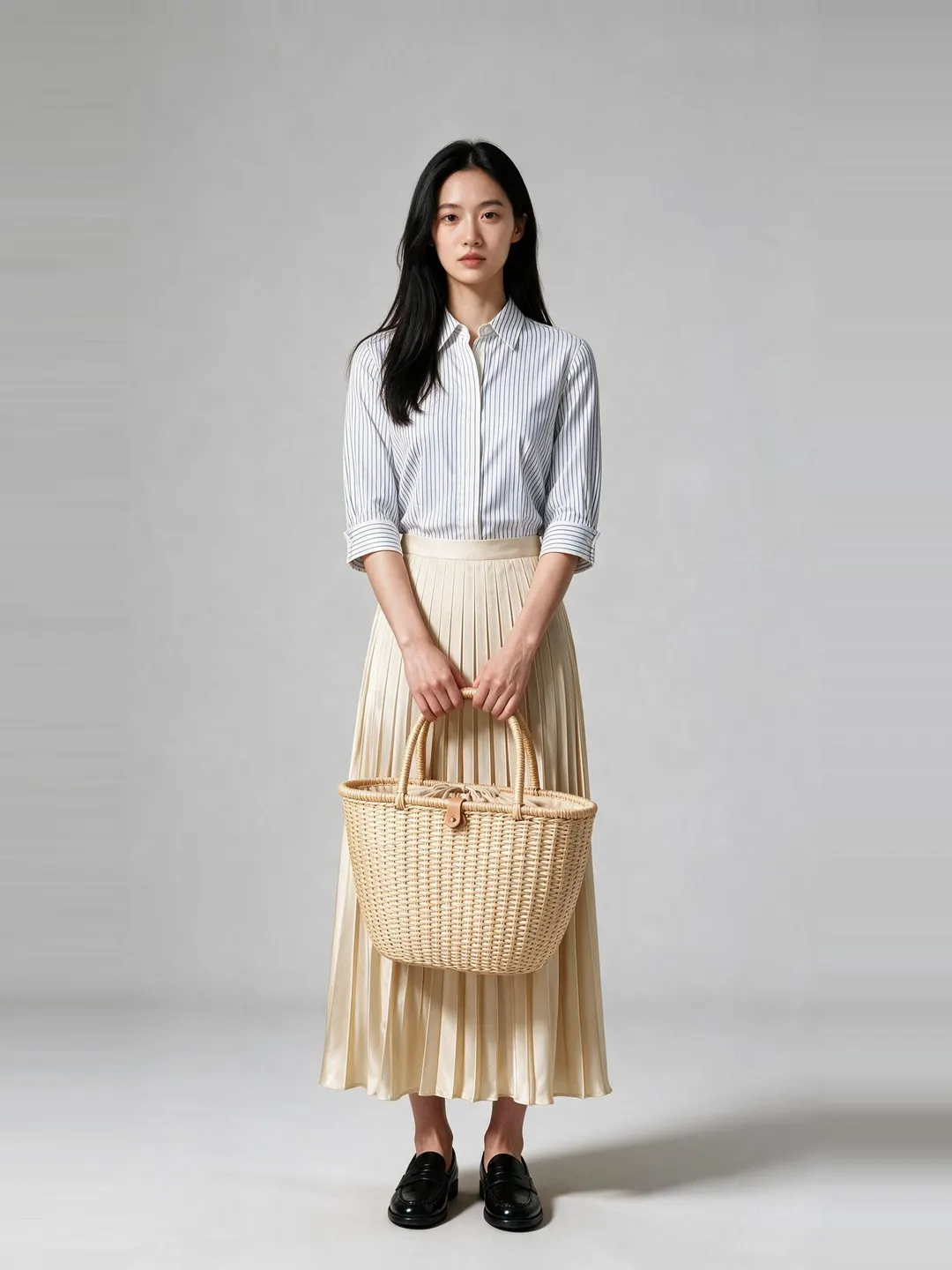 The sample shopper in a black merino turtleneck, ultramarine satin midi skirt, white court sneakers and a black chain shoulder bag.