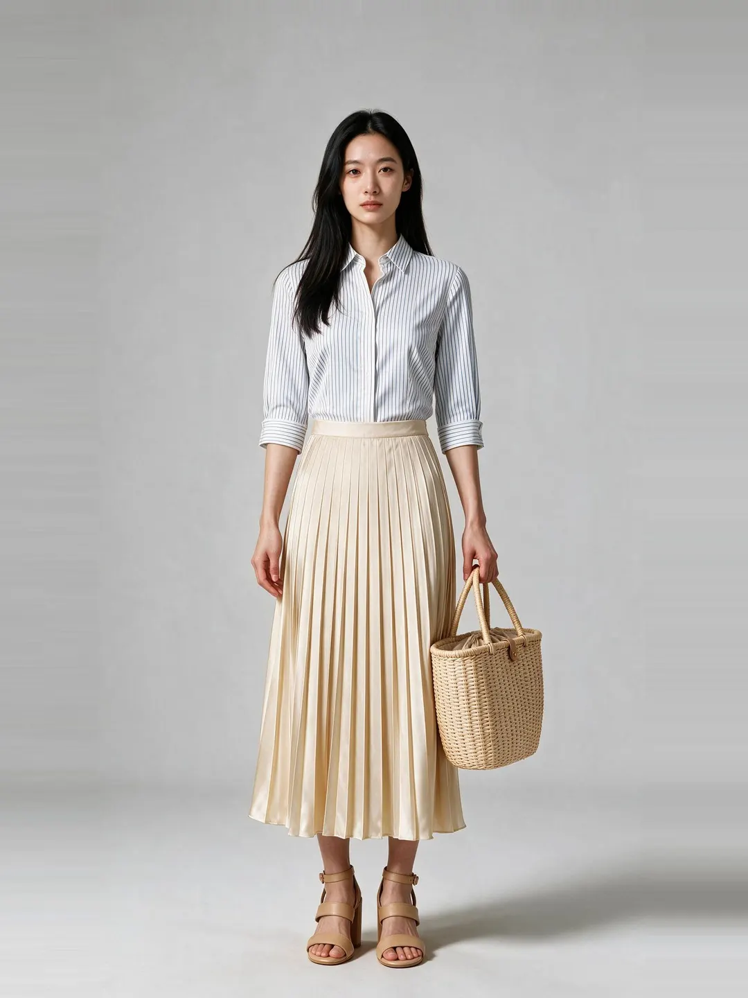 Black merino turtleneck, ultramarine satin midi skirt, black slingback heels and a black chain shoulder bag.