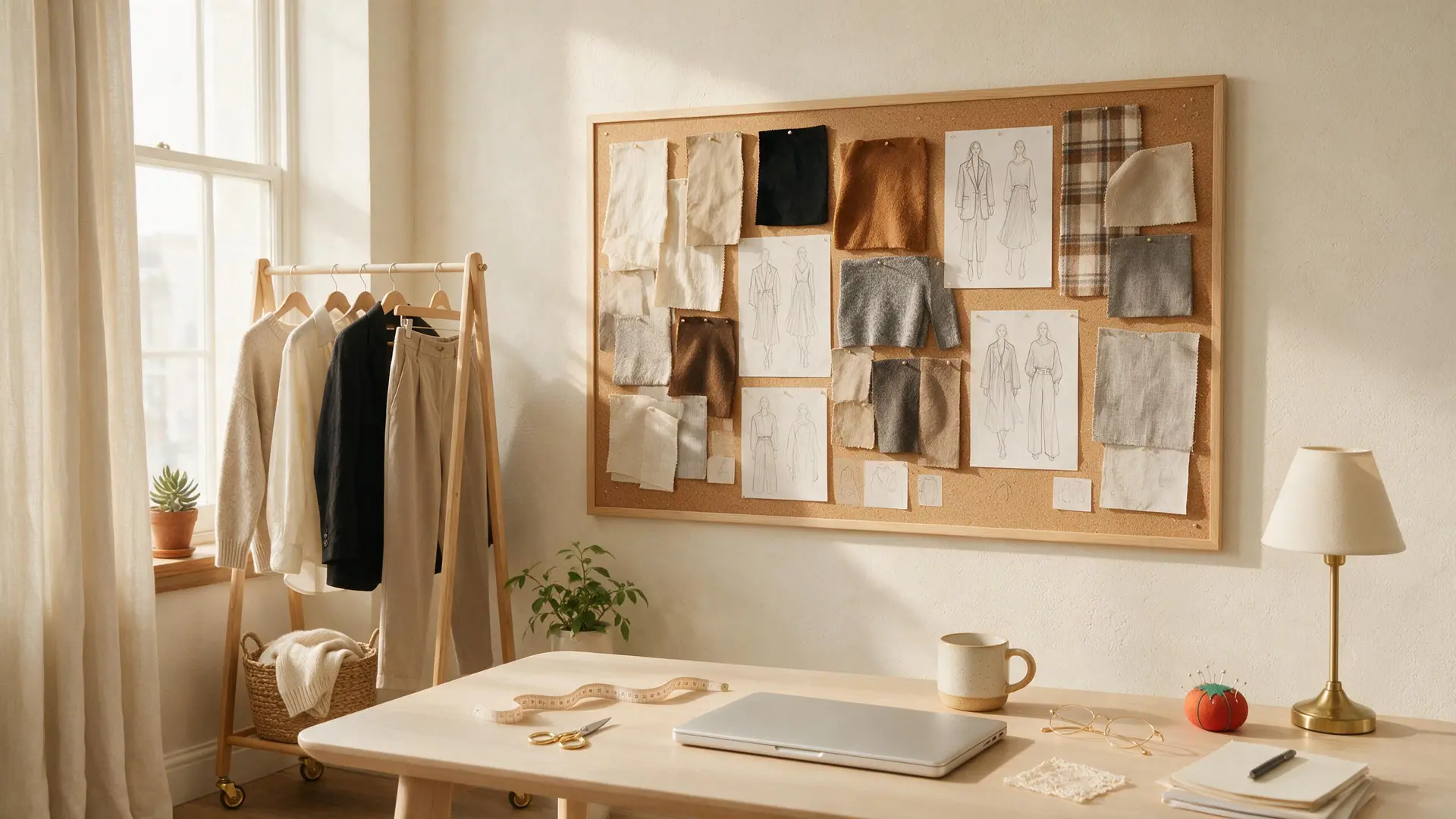 A studio desk with a laptop, a tape measure and a pinboard of fabric swatches and garment sketches.