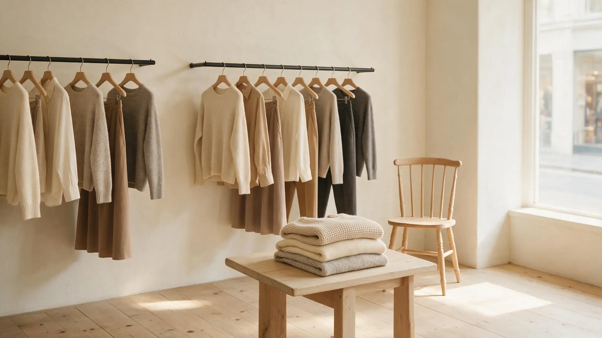 Inside a small boutique: rails of neutral clothing, a wooden table of folded knits and a simple chair in window light.