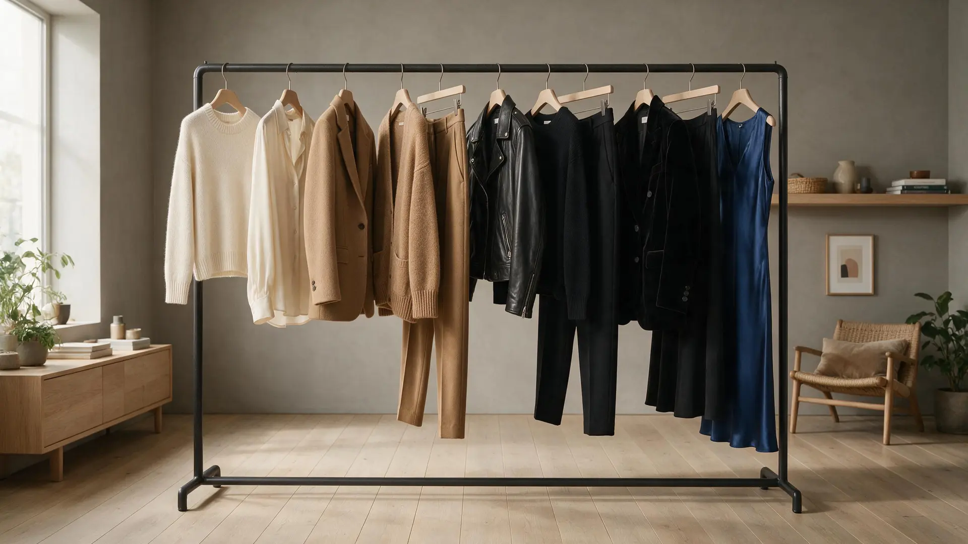 A clothing rail of neutral and black separates in a calm, daylit room.