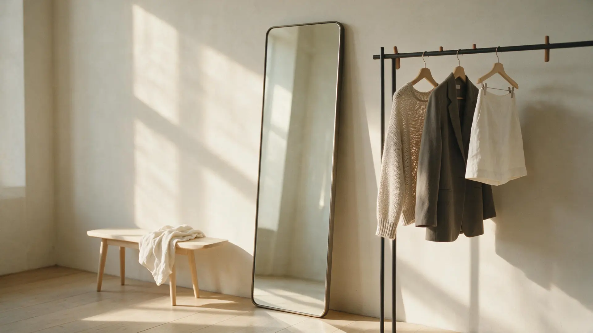 A fitting-room corner: a full-length mirror against a pale wall, a slim rail holding a knit, a jacket and a blouse, and a wooden bench in morning light.