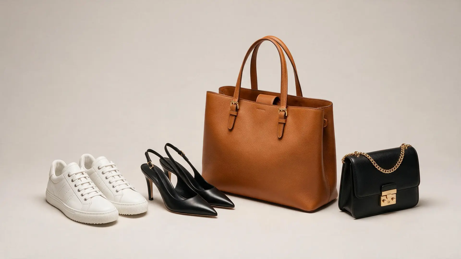 White court sneakers, black slingback heels, a tan leather tote and a black chain shoulder bag arranged on a warm seamless backdrop.