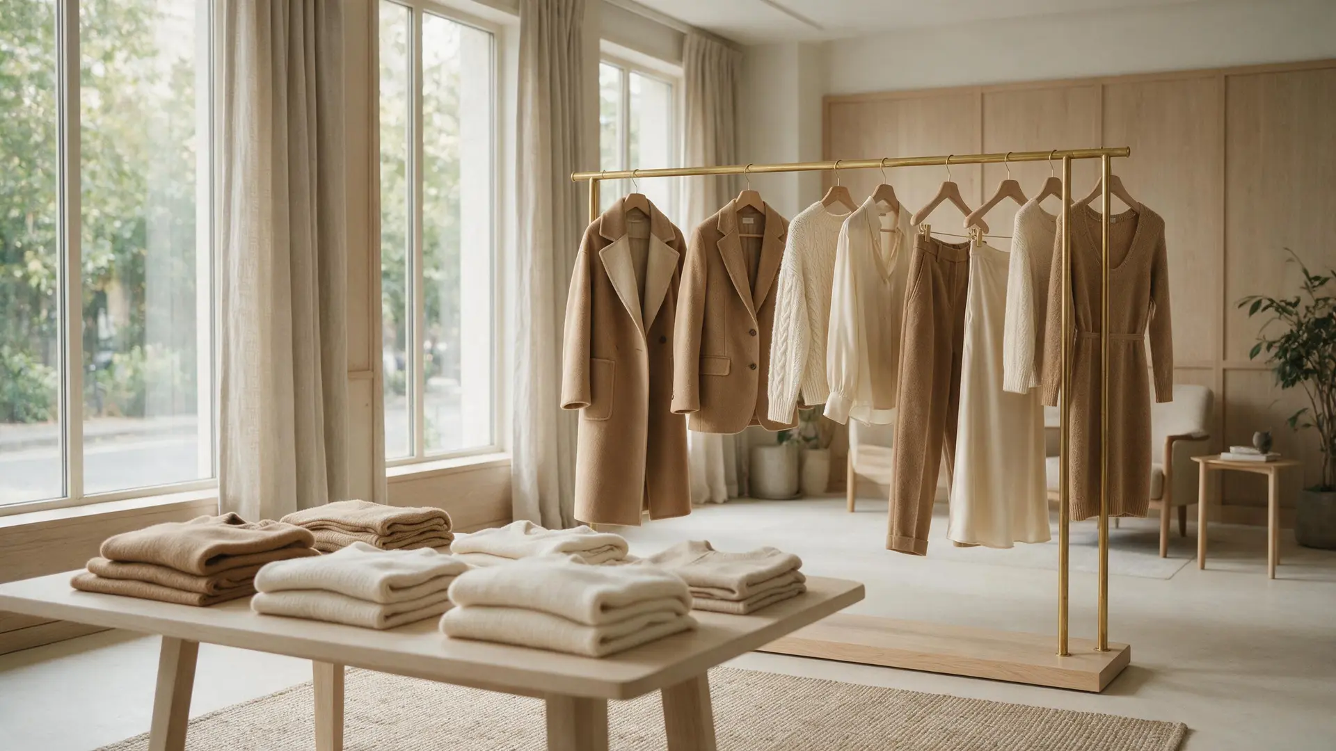 A private boutique salon with a reserved rail of camel and cream garments, pale wood table stacked with folded knits, soft window daylight.
