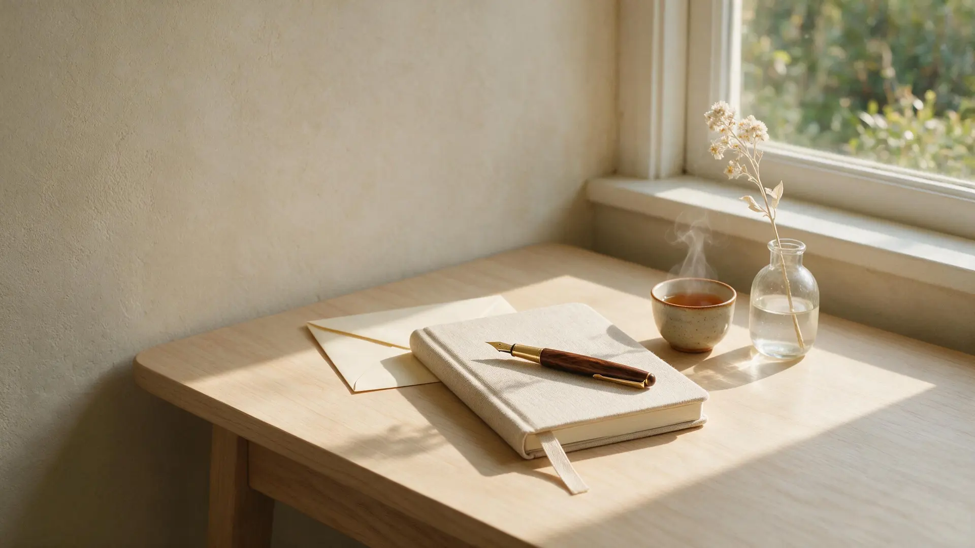 A quiet desk by a window: a closed linen notebook with a fountain pen resting on it, a cream envelope, a cup of tea and a single dried stem in a glass vase.