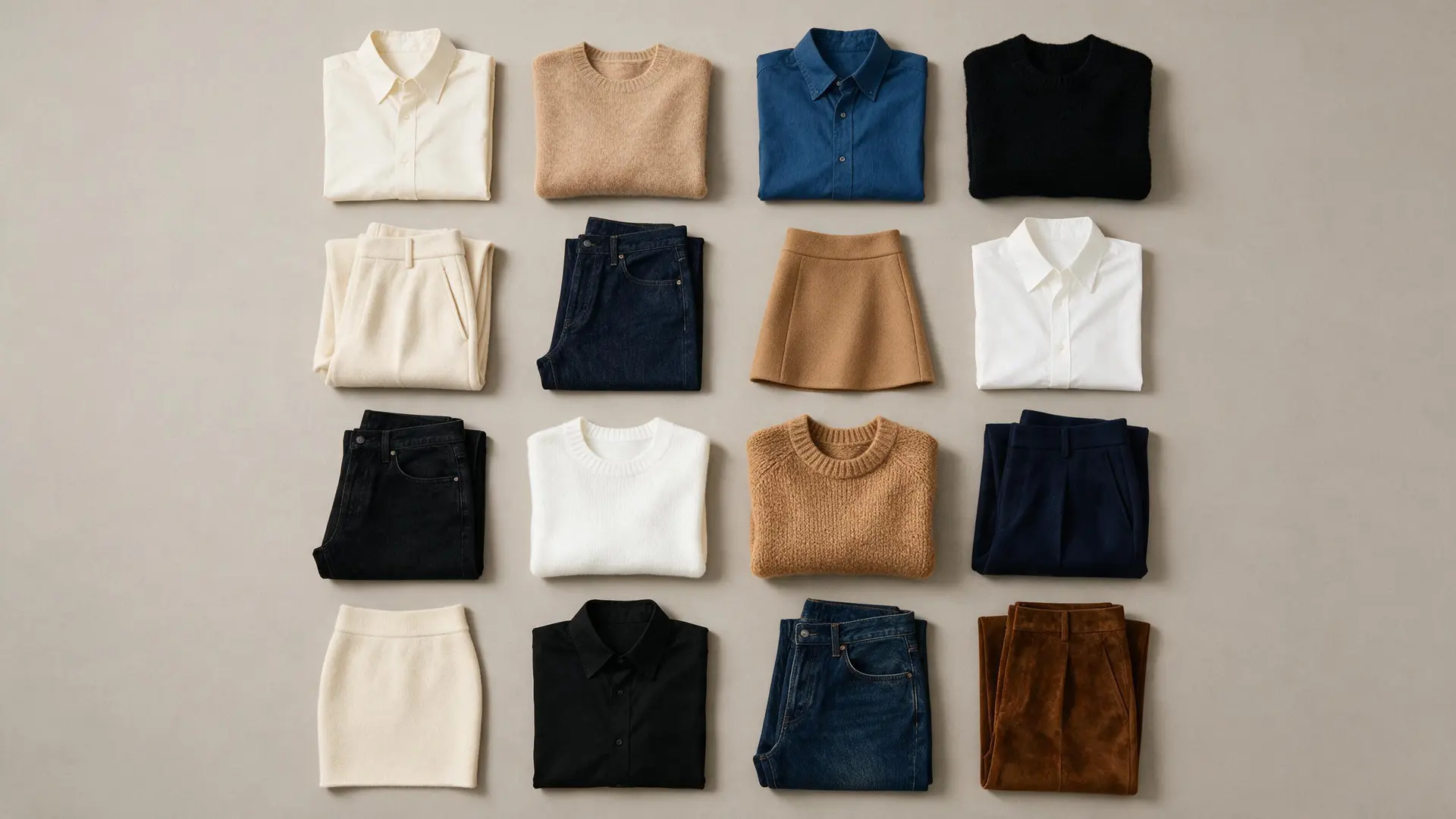 A flat-lay grid of sixteen folded garments — shirts, knitwear, denim, skirts and trousers — arranged in rows.