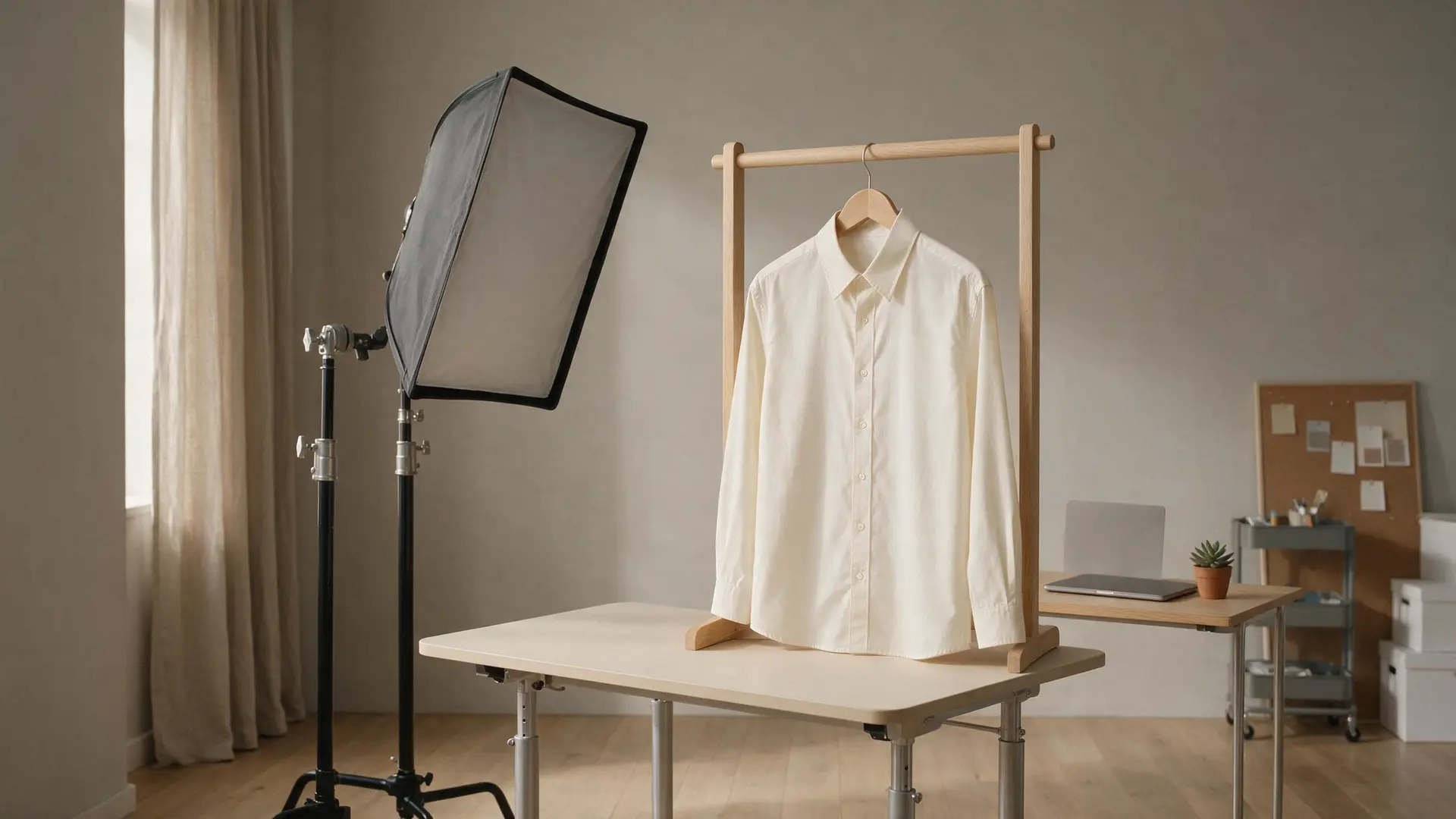 A product photography set: a cream poplin shirt on a wooden rail lit by a softbox.