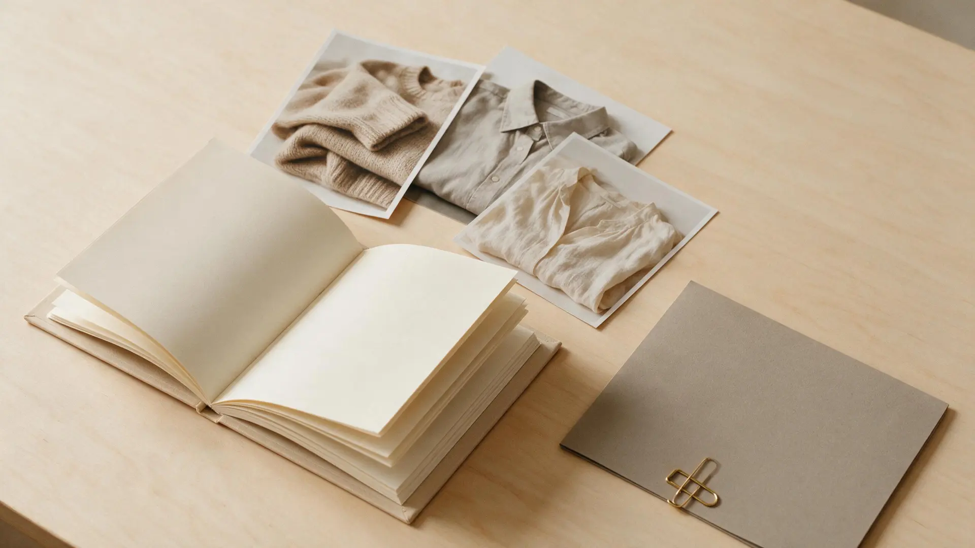 A press kit from above: an open lookbook with blank cream pages, three loose photographic prints of folded garments and a grey card folder on a warm table.