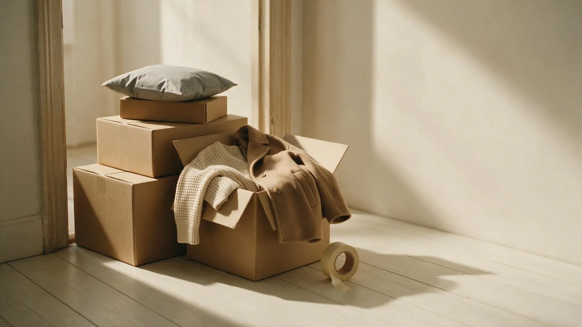 Cardboard shipping boxes and a grey mailing bag stacked by a doorway, one box open with a folded knit half lifted out.