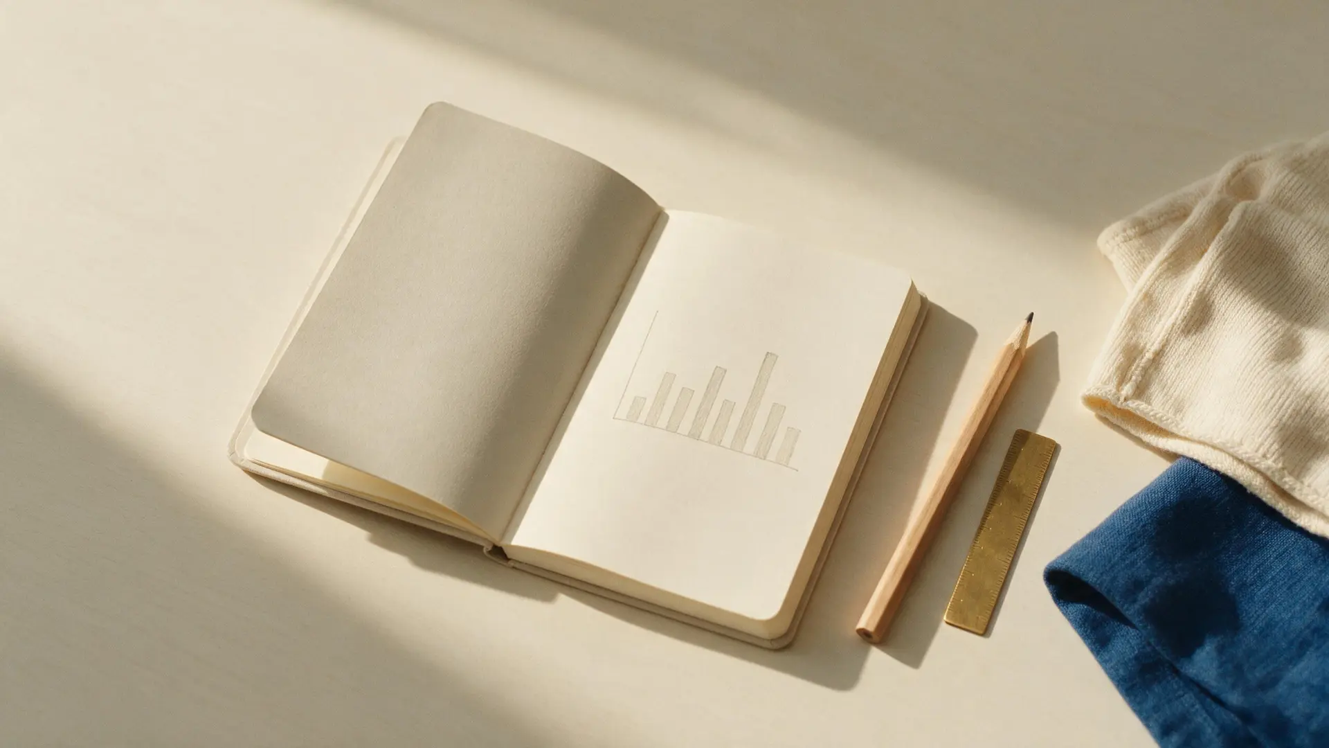 An open notebook on a warm desk showing a simple hand-drawn bar chart, with a pencil, a brass ruler, a folded cream knit and a deep blue fabric swatch.