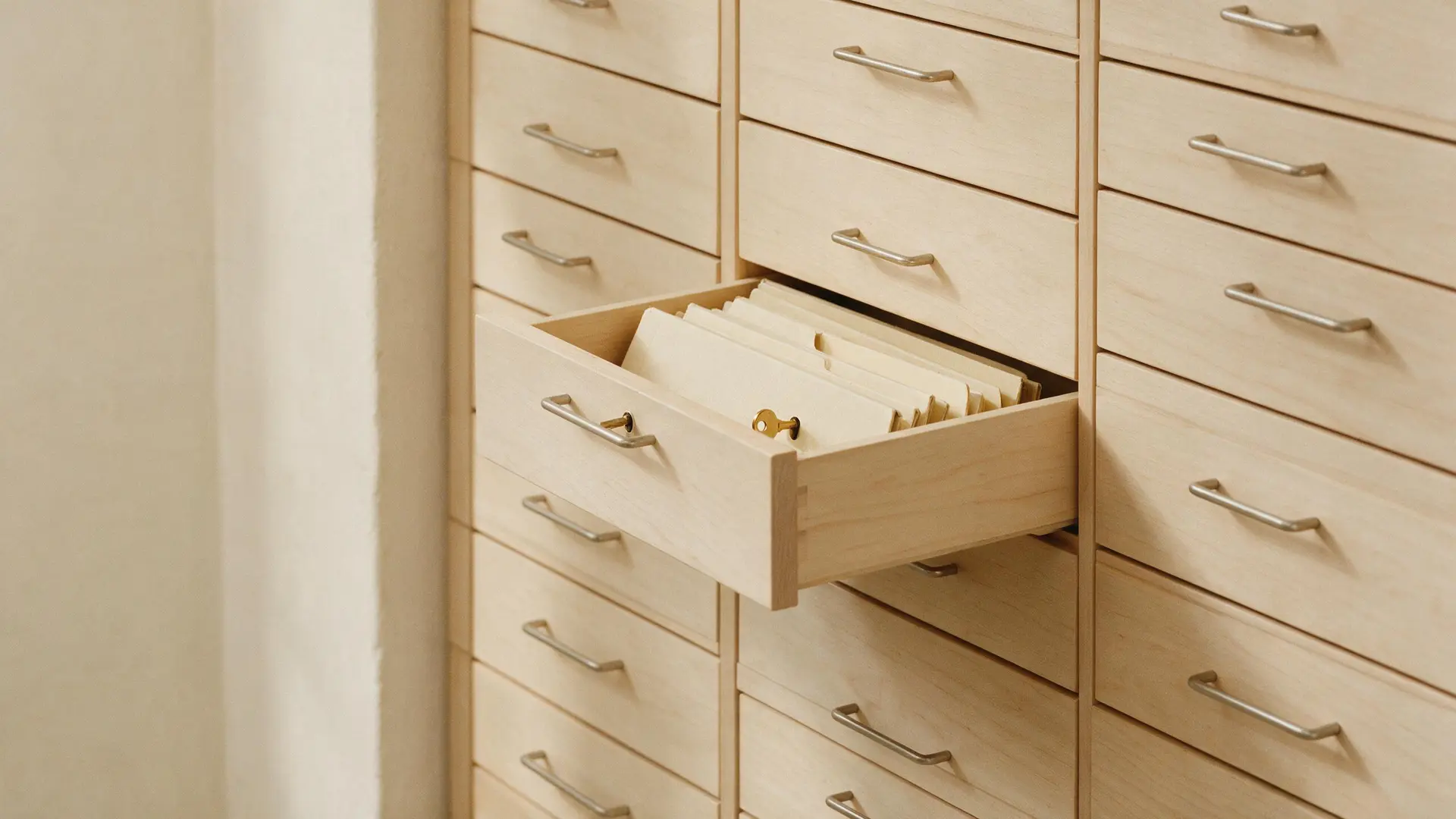 An archive room: a wall of pale wood flat-file drawers, one slightly open showing neatly stacked folders, with a small brass key in the lock.