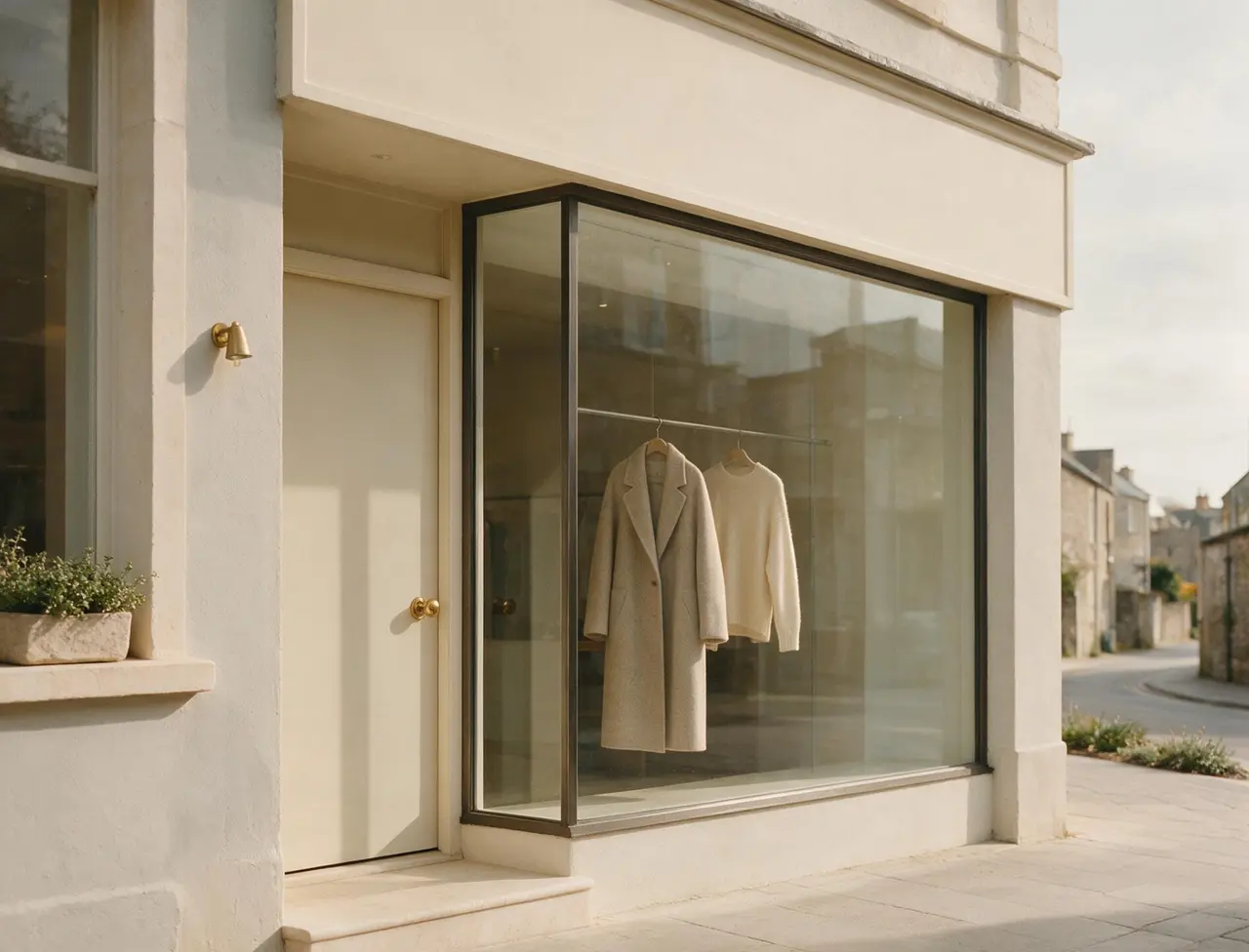 The exterior of a small independent clothing shop: a clean glass shopfront with an unbranded fascia, two neutral garments on a rail visible through the glass.