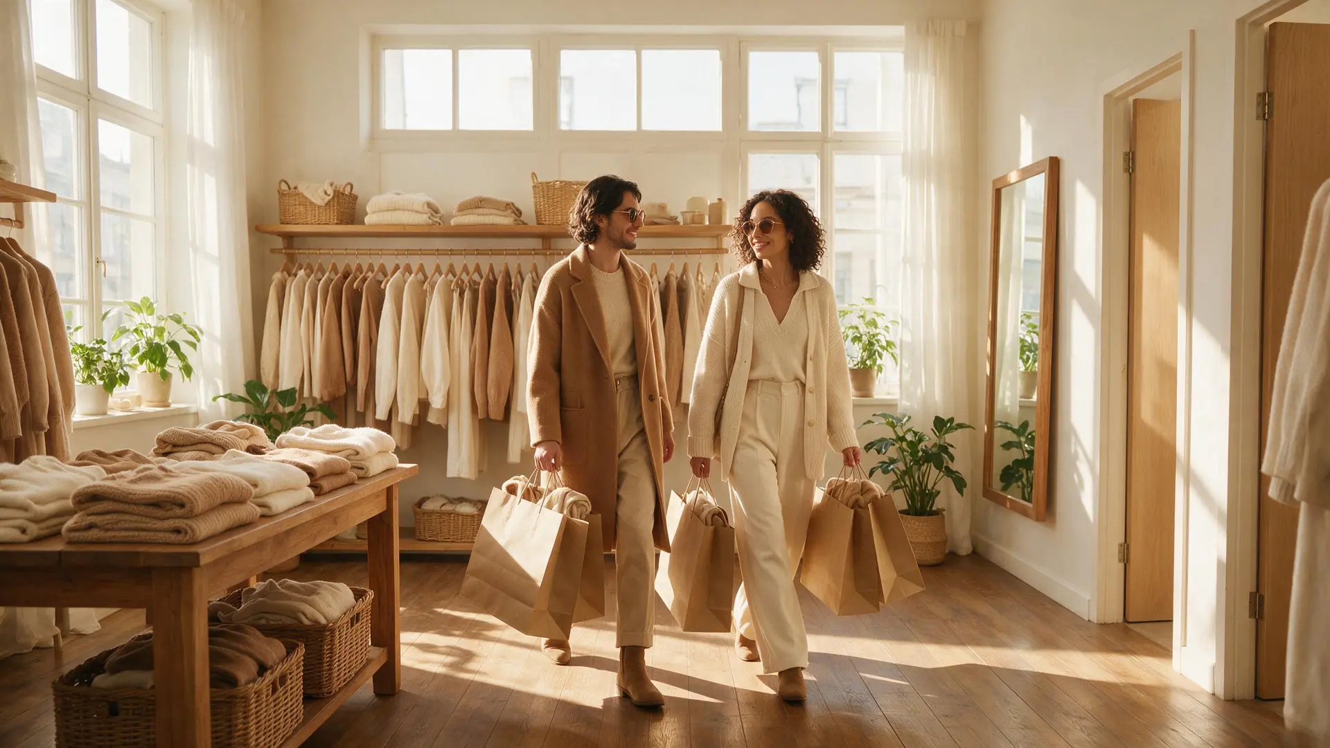 Two stylish shoppers walking through a bright boutique in camel and cream, kraft shopping bags filled with clothes in their hands.
