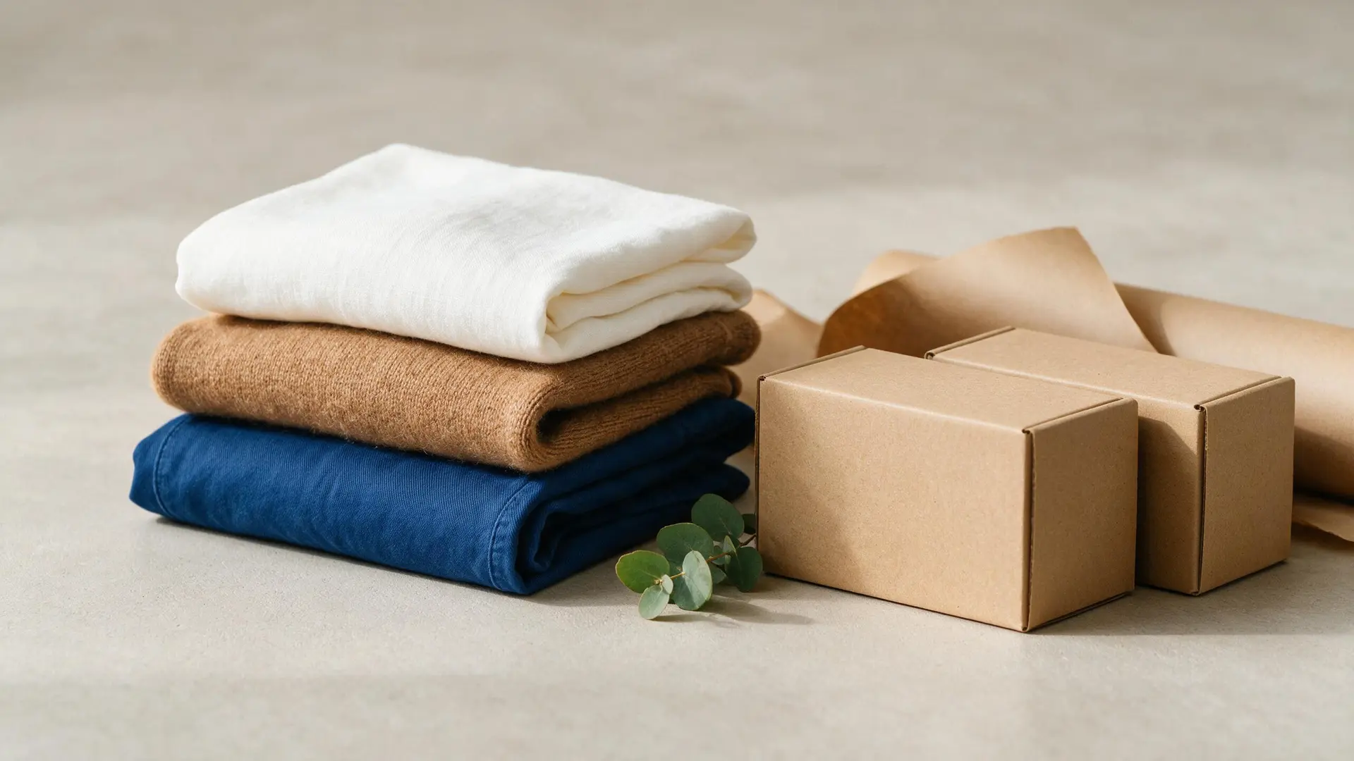 Folded garments in ivory, camel and blue stacked beside kraft shipping boxes and paper wrap.