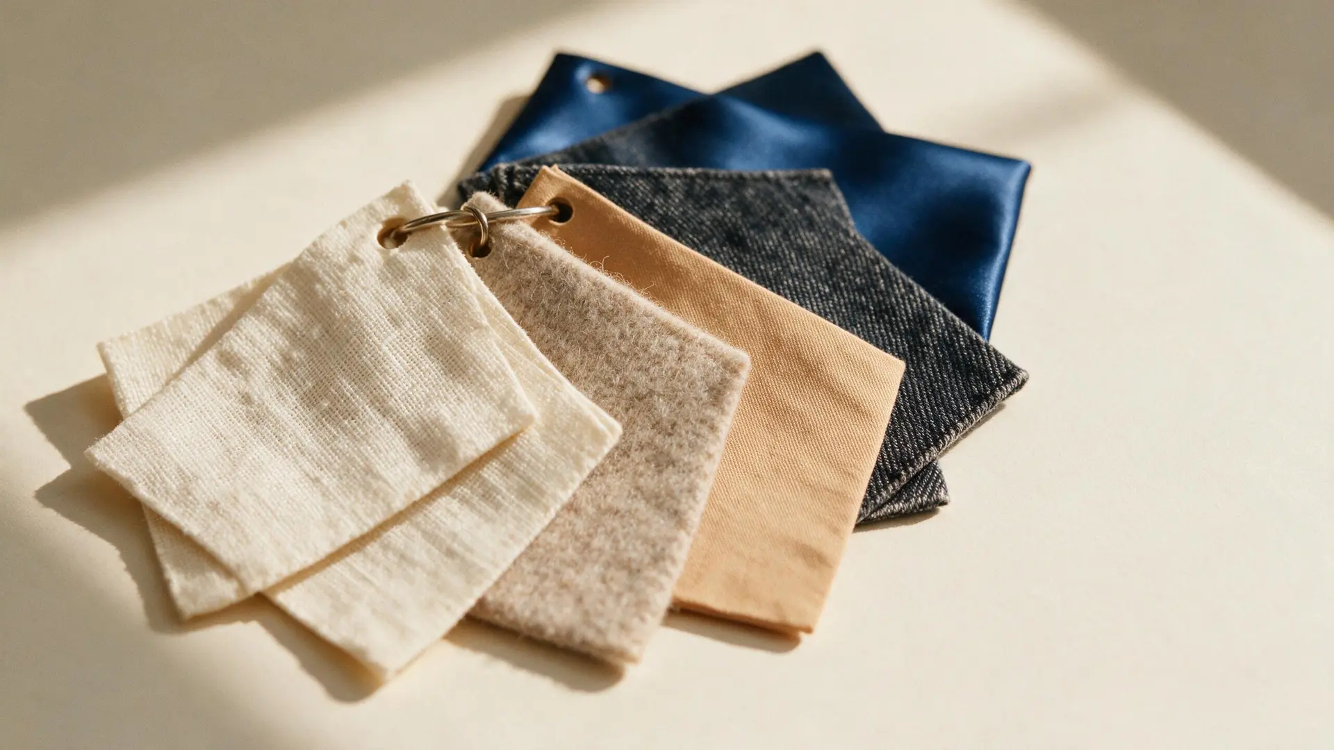 Fabric swatch cards fanned on a warm table: linen, wool, cotton poplin, denim and satin, each punched and threaded on a ring.
